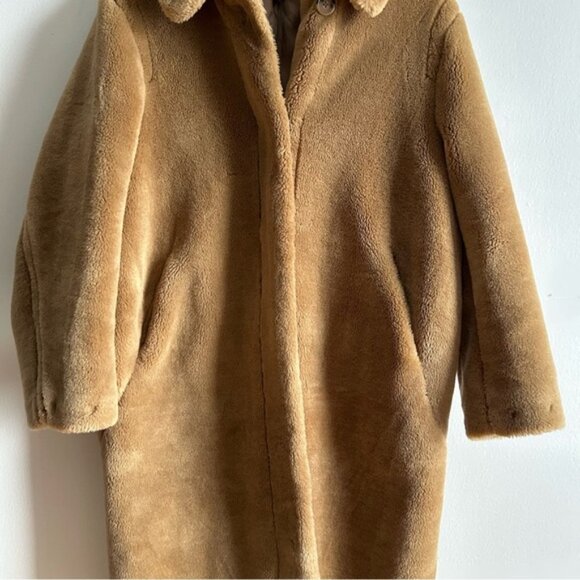 H&M Sz M Tan Brown Long Relaxed Button Front Faux Fur Coat - Picture 5 of 15